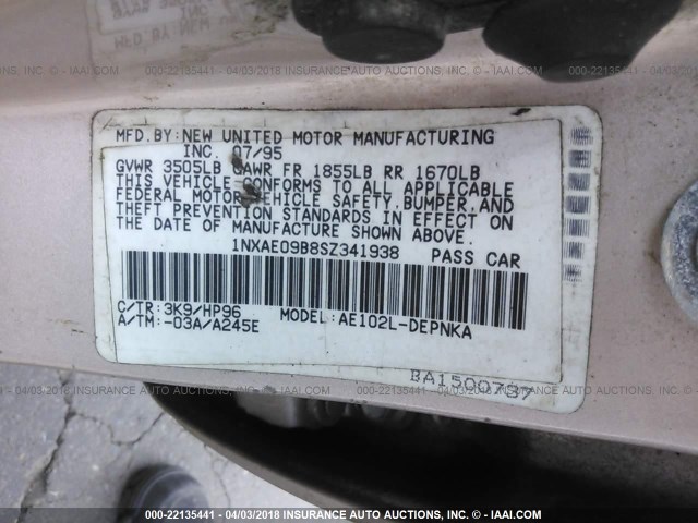 1NXAE09B8SZ341938 - 1995 TOYOTA COROLLA LE/DX თაფლისფერი ფოტო 9