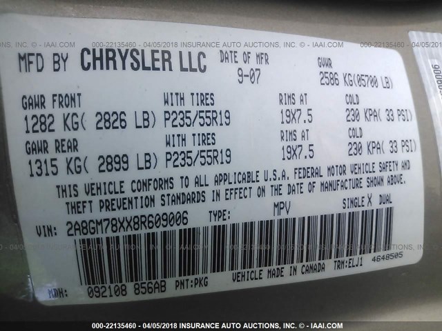 2A8GM78XX8R609006 - 2008 CHRYSLER PACIFICA LIMITED GOLD photo 9