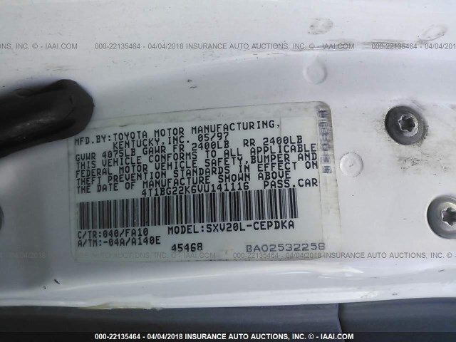 4T1BG22K6VU141116 - 1997 TOYOTA CAMRY CE/LE/XLE 白色 照片 9