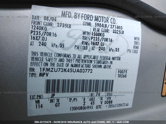 1FMZU73K45UA03772 - 2005 FORD EXPLORER XLT/XLT SPORT/NBX SILVER photo 9