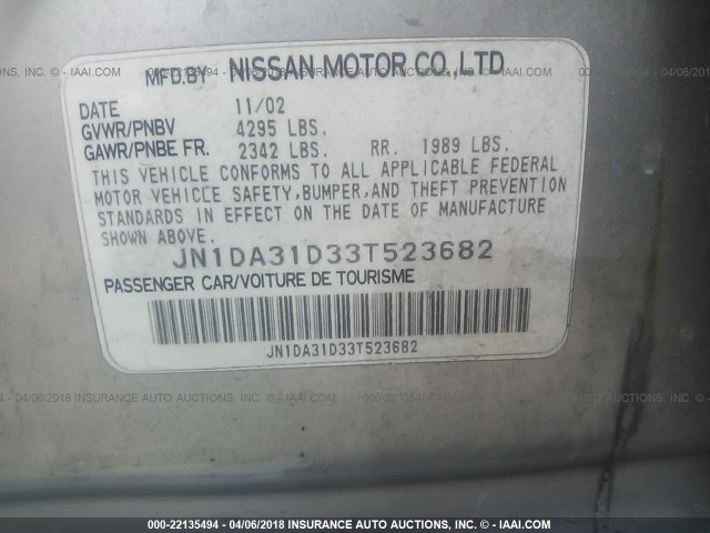 JN1DA31D33T523682 - 2003 NISSAN MAXIMA GLE/GXE/SE SILVER photo 9