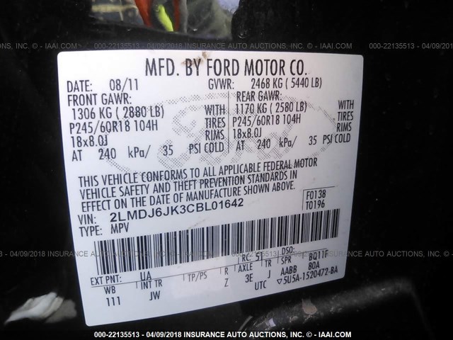 2LMDJ6JK3CBL01642 - 2012 LINCOLN MKX BLACK photo 9