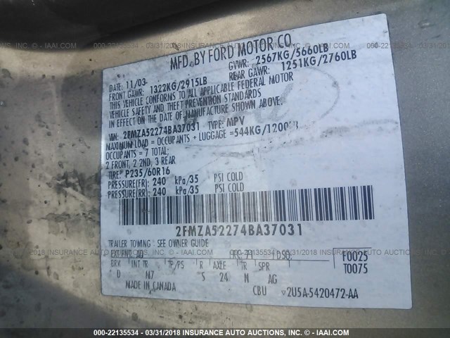 2FMZA52274BA37031 - 2004 FORD FREESTAR SEL TAN photo 9