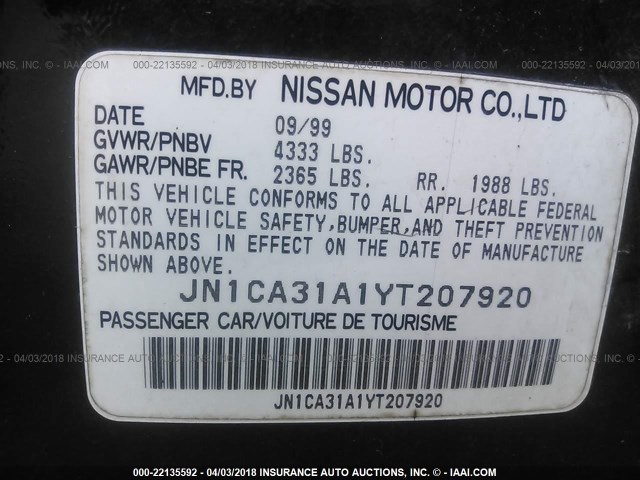 JN1CA31A1YT207920 - 2000 NISSAN MAXIMA GLE/GXE/SE BLACK photo 9