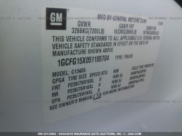 1GCFG15X051185704 - 2005 CHEVROLET EXPRESS G1500  WHITE photo 9