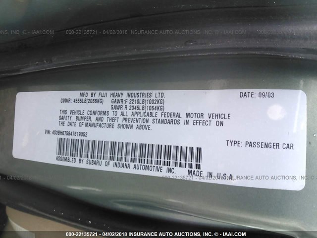 4S3BH675847619352 - 2004 SUBARU LEGACY OUTBACK AWP 绿色 照片 9