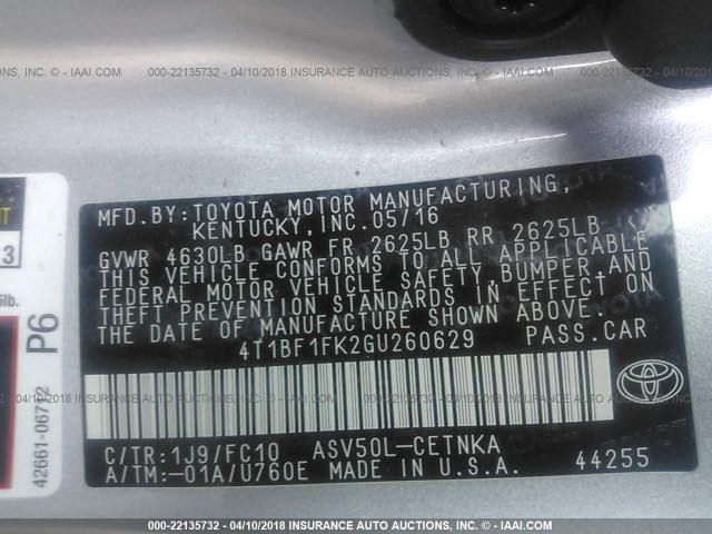 4T1BF1FK2GU260629 - 2016 TOYOTA CAMRY LE/XLE/SE/XSE Silber Foto 9