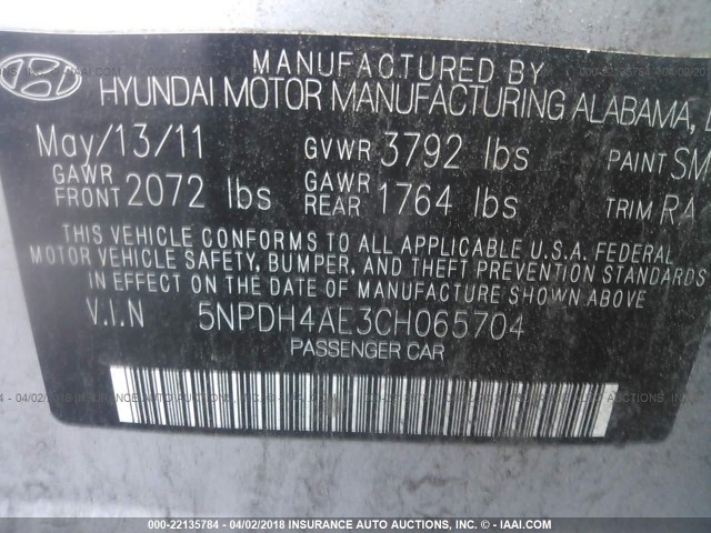 5NPDH4AE3CH065704 - 2012 HYUNDAI ELANTRA GLS/LIMITED SILVER photo 9