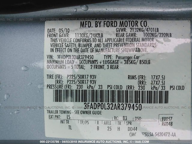 3FADP0L32AR379450 - 2010 FORD FUSION HYBRID Light Blue photo 9