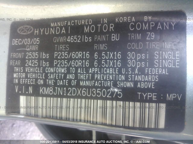 KM8JN12DX6U350275 - 2006 HYUNDAI TUCSON GLS/LIMITED 浅蓝色 照片 9