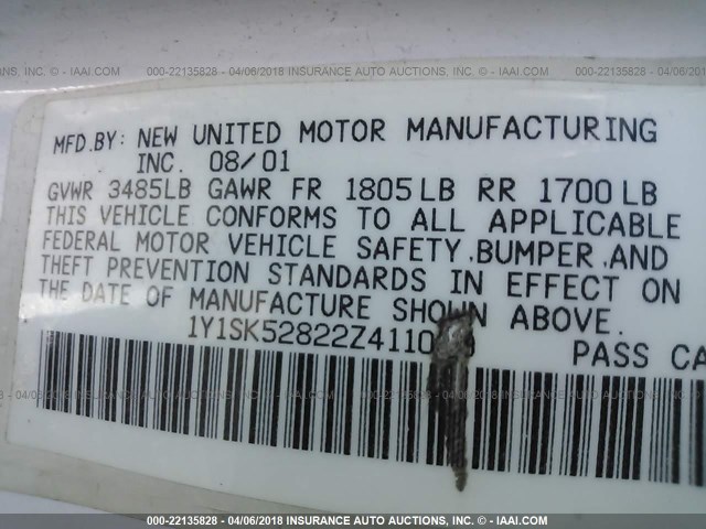 1Y1SK52822Z411039 - 2002 CHEVROLET GEO PRIZM LSI 白色 照片 9