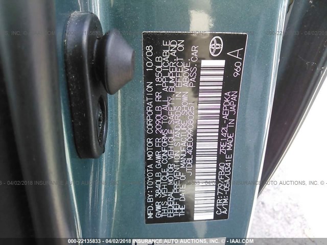 JTDBL40E099080251 - 2009 TOYOTA COROLLA LE/XLE TEAL photo 9