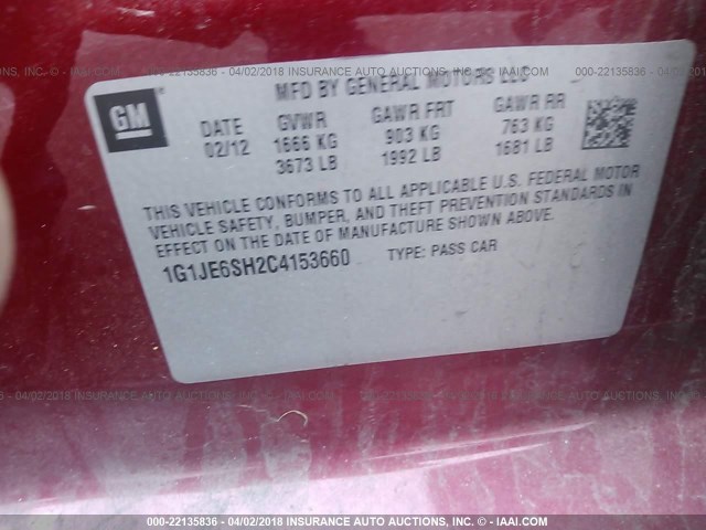 1G1JE6SH2C4153660 - 2012 CHEVROLET SONIC LTZ BURGUNDY photo 9