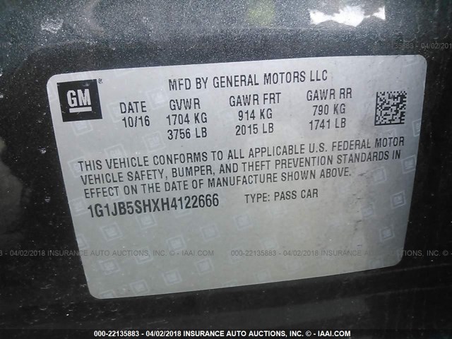 1G1JB5SHXH4122666 - 2017 CHEVROLET SONIC LS 灰色 照片 9