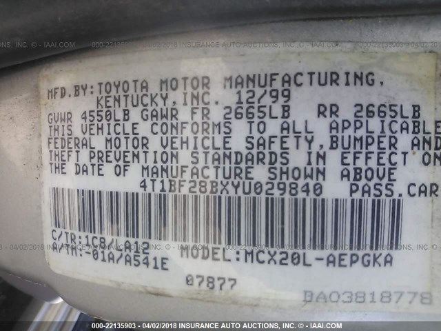 4T1BF28BXYU029840 - 2000 TOYOTA AVALON XL/XLS SILVER photo 9