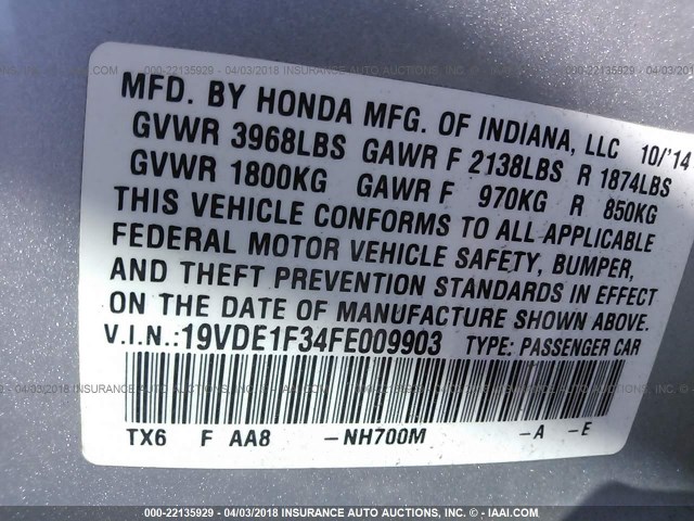 19VDE1F34FE009903 - 2015 ACURA ILX 20 SILVER photo 9