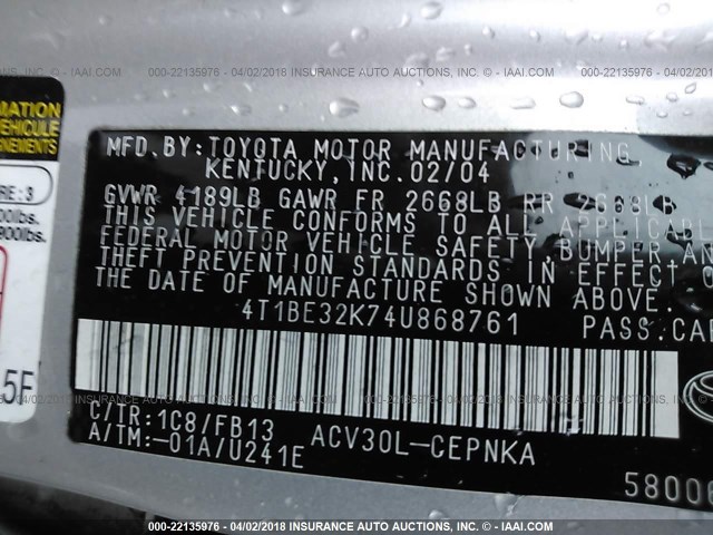 4T1BE32K74U868761 - 2004 TOYOTA CAMRY LE/XLE/SE GRAY photo 9