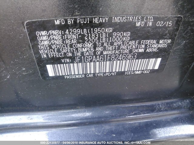 JF1GPAA61F8246963 - 2015 SUBARU IMPREZA GRAY photo 9