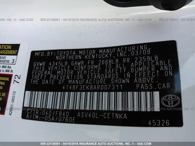 4T4BF3EK8AR007311 - 2010 TOYOTA CAMRY SE/LE/XLE Ақ фото 9
