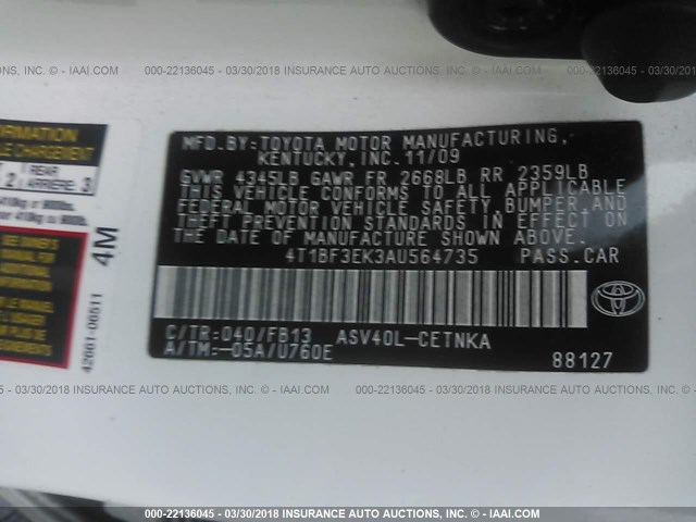 4T1BF3EK3AU564735 - 2010 TOYOTA CAMRY SE/LE/XLE WHITE photo 9