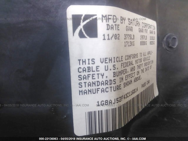 1G8AJ52F43Z116814 - 2003 SATURN ION LEVEL 2 BLACK photo 9