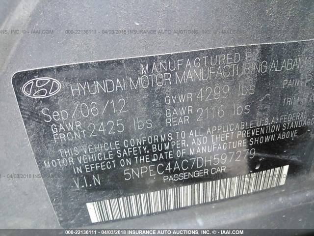 5NPEC4AC7DH597279 - 2013 HYUNDAI SONATA SE/LIMITED GRAY photo 9