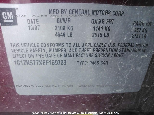 1G1ZK577X8F159739 - 2008 CHEVROLET MALIBU LTZ 红色 照片 9