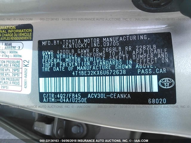 4T1BE32KX6U672638 - 2006 TOYOTA CAMRY LE/XLE/SE GOLD photo 9