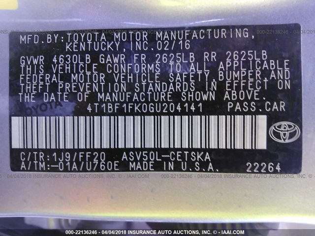 4T1BF1FK0GU204141 - 2016 TOYOTA CAMRY LE/XLE/SE/XSE SILVER photo 9