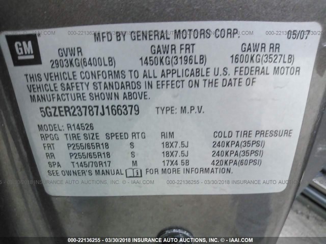 5GZER23787J166379 - 2007 SATURN OUTLOOK XR ყავისფერი ფოტო 9