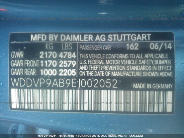 WDDVP9AB9EJ002052 - 2014 MERCEDES-BENZ B ELECTRIC BLUE photo 9