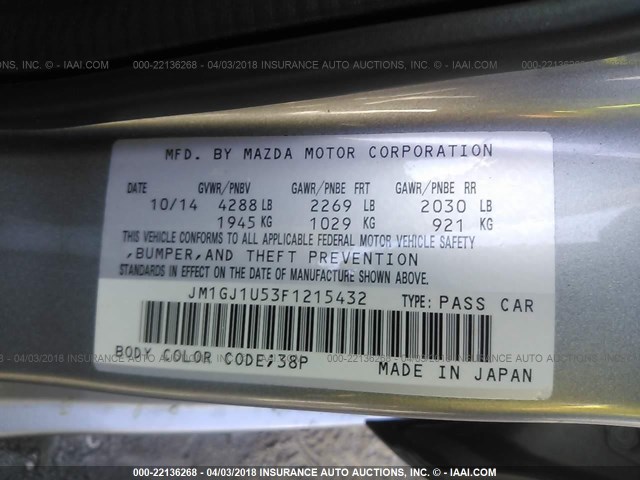 JM1GJ1U53F1215432 - 2015 MAZDA 6 SPORT Gris foto 9