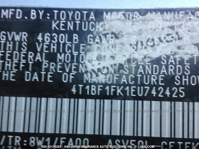 4T1BF1FK1EU742425 - 2014 TOYOTA CAMRY L/SE/LE/XLE 浅蓝色 照片 9