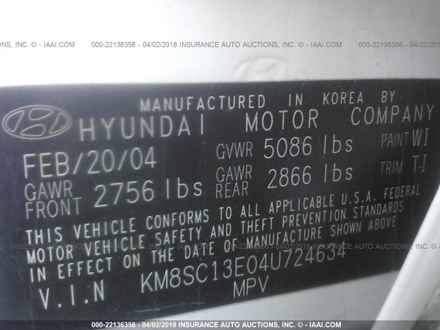 KM8SC13E04U724634 - 2004 HYUNDAI SANTA FE GLS/LX WHITE photo 9