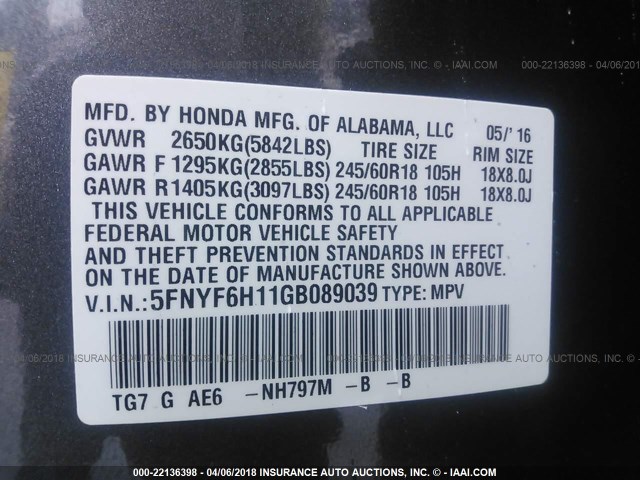 5FNYF6H11GB089039 - 2016 HONDA PILOT LX GRAY photo 9