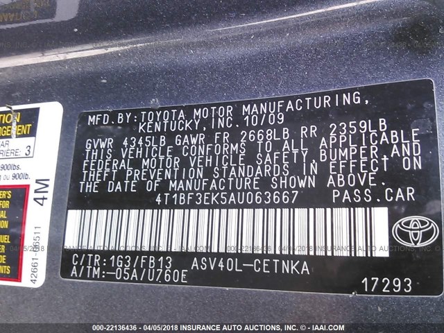 4T1BF3EK5AU063667 - 2010 TOYOTA CAMRY SE/LE/XLE GRAY photo 9