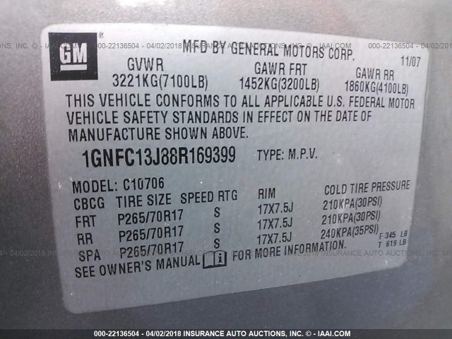 1GNFC13J88R169399 - 2008 CHEVROLET TAHOE C1500 GRAY photo 9