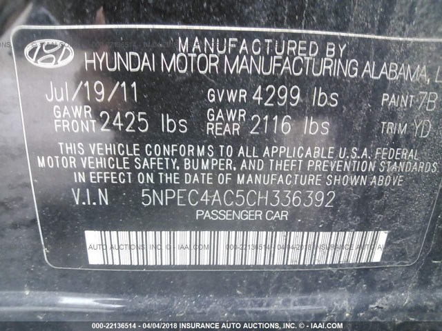 5NPEC4AC5CH336392 - 2012 HYUNDAI SONATA SE/LIMITED BLACK photo 9