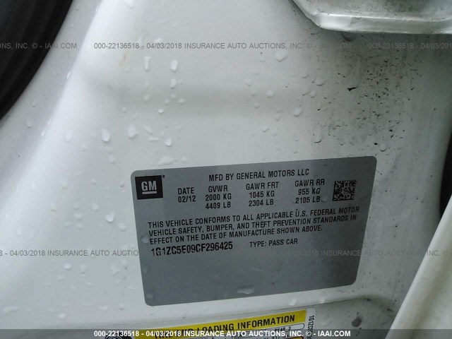 1G1ZC5E09CF296425 - 2012 CHEVROLET MALIBU 1LT 白色 照片 9