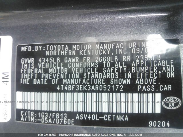 4T4BF3EK3AR052172 - 2010 TOYOTA CAMRY SE/LE/XLE GRAY photo 9