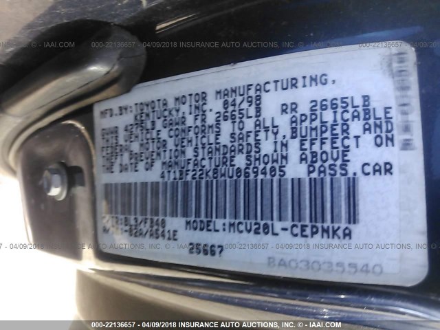 4T1BF22K8WU069405 - 1998 TOYOTA CAMRY CE/LE/XLE 蓝色 照片 9