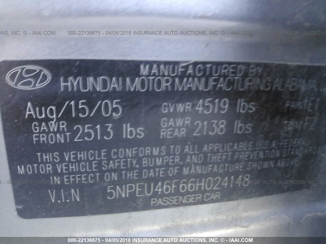 5NPEU46F66H024148 - 2006 HYUNDAI SONATA GLS/LX SILVER photo 9