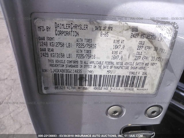 1J4GK48K86W114835 - 2006 JEEP LIBERTY SPORT 银色 照片 9