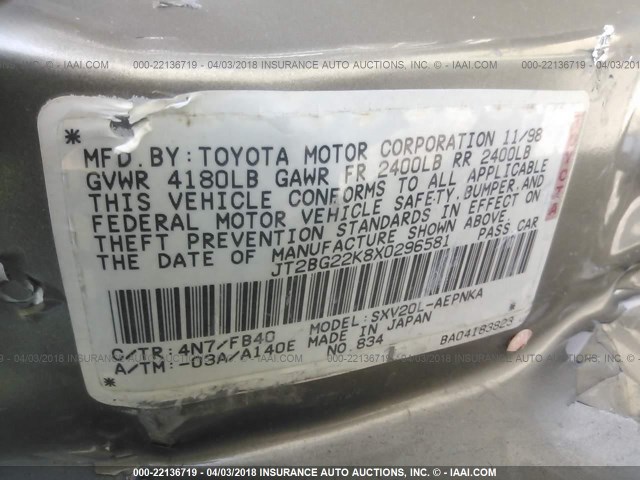 JT2BG22K8X0296581 - 1999 TOYOTA CAMRY LE/XLE TAN photo 9