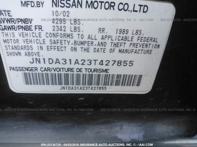 JN1DA31A23T427855 - 2003 NISSAN MAXIMA GLE/SE GRAY photo 9