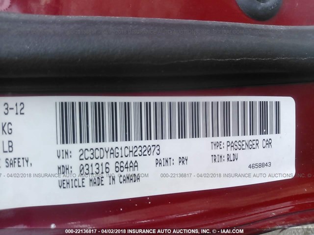 2C3CDYAG1CH232073 - 2012 DODGE CHALLENGER SXT RED photo 9