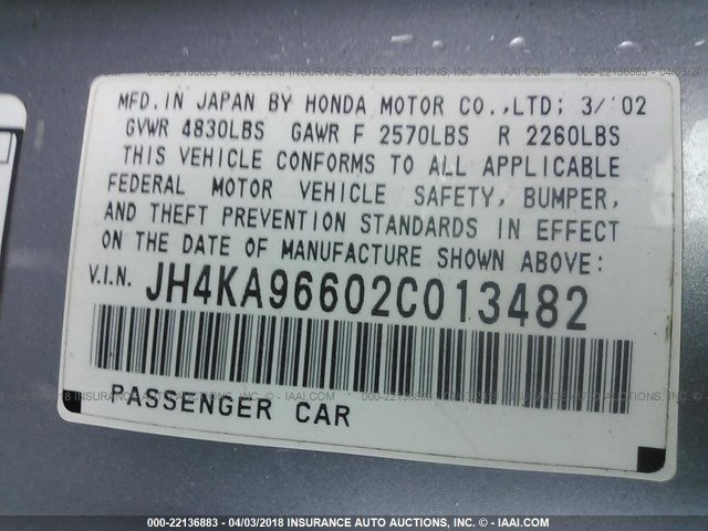 JH4KA96602C013482 - 2002 ACURA 3.5RL SILVER photo 9