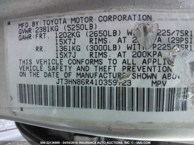 JT3HN86R410359723 - 2001 TOYOTA 4RUNNER SR5 SILVER photo 9