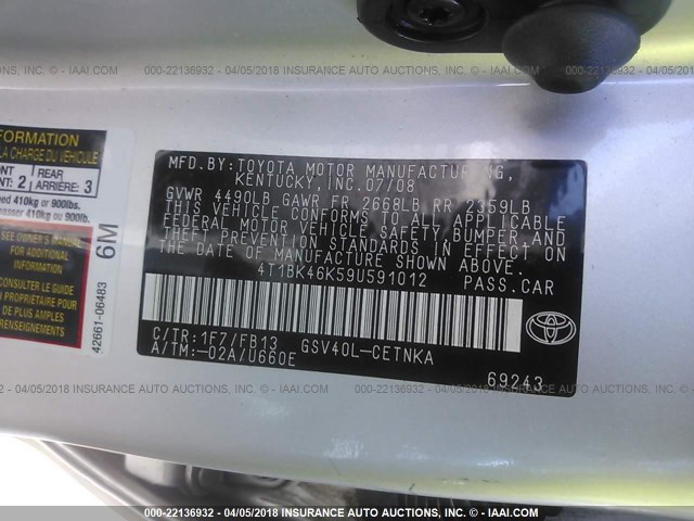 4T1BK46K59U591012 - 2009 TOYOTA CAMRY SE/LE/XLE 棕色 照片 9