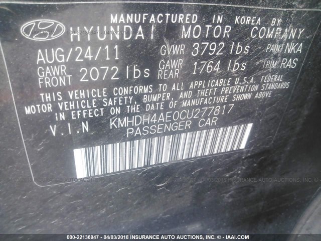 KMHDH4AE0CU277817 - 2012 HYUNDAI ELANTRA GLS/LIMITED BLACK photo 9